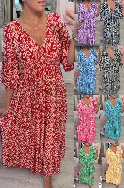 🎉LAST DAY SALE 49% OFF💖Bohemian casual print V-neck waist wrap long dress