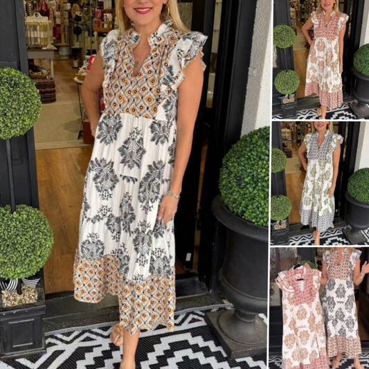 🏖️Summer Hot Sale 49% OFF🌼Women's Elegant Printed Ruffle Sleeveless Dress