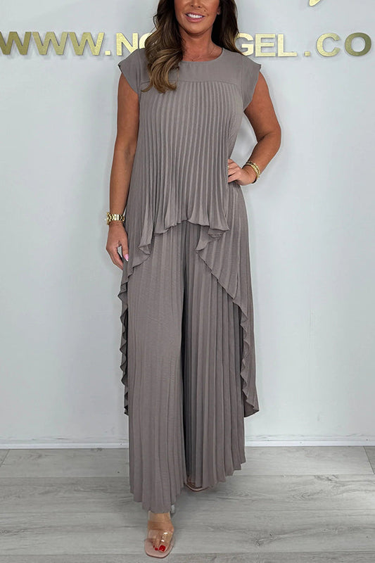 ⏳Limited Time 49% OFF🔥Laney Pleated Short Sleeve Irregular Midi Top and Elastic Waist Wide Leg Pants Set✨