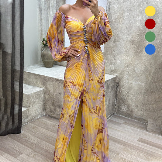 💃Women's Mixed Colors Strapless Pleated Front Split Dress✨