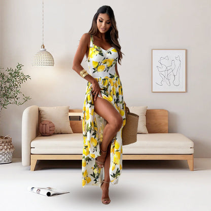🎉Limited Sale🍋Women’s Elegant Lemon Print Spaghetti Strap Flowy Long Dress