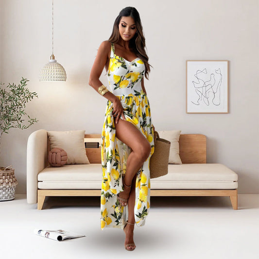 🎉Limited Sale🍋Women’s Elegant Lemon Print Spaghetti Strap Flowy Long Dress