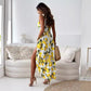 🎉Limited Sale🍋Women’s Elegant Lemon Print Spaghetti Strap Flowy Long Dress