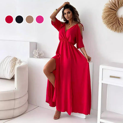 💯 Pear-shaped savior! V-neck side slit skirt|cinched waist slit, all the flesh is hidden, and the curve is fully revealed~