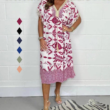 😍⏳Summer Hot Sale 49% Off🌼Printed Casual Dress With V-Neckline and Fringes on the Short Sleeves