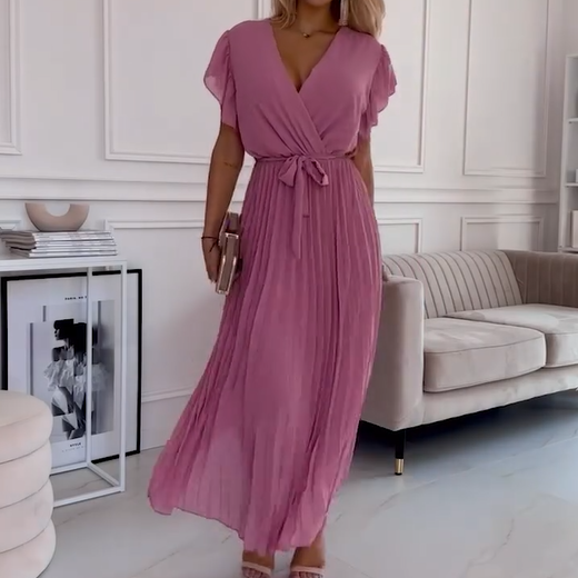 💐 Women's Solid V-Neck Pleated Flowy Dress