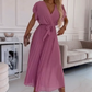 💐 Women's Solid V-Neck Pleated Flowy Dress