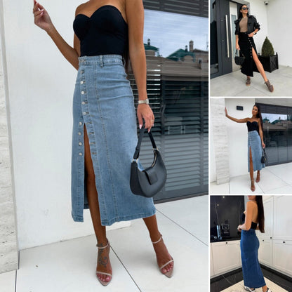 💕Limited Time 49% Off💕Stylish Button Closure Split Denim Bodycon Skirt
