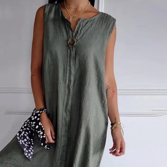 ☁️V-neck Cotton-Linen Sleeveless Dress🎐