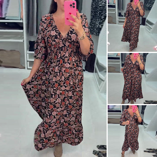 💜Time-limited Special 49%OFF⏰V-neck Printed Maxi Dress with 3/4 Sleeves