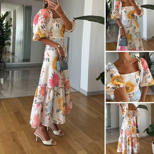 Square Neck Waist-Cinching Printed Dress with Puff Sleeves