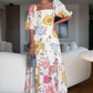 Square Neck Waist-Cinching Printed Dress with Puff Sleeves