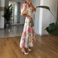 Square Neck Waist-Cinching Printed Dress with Puff Sleeves