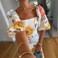 Square Neck Waist-Cinching Printed Dress with Puff Sleeves