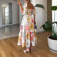 Square Neck Waist-Cinching Printed Dress with Puff Sleeves