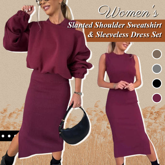 ❄️Early Winter Discount-50% OFF💃Women's Slanted Shoulder Sweatshirt & Sleeveless Dress Set