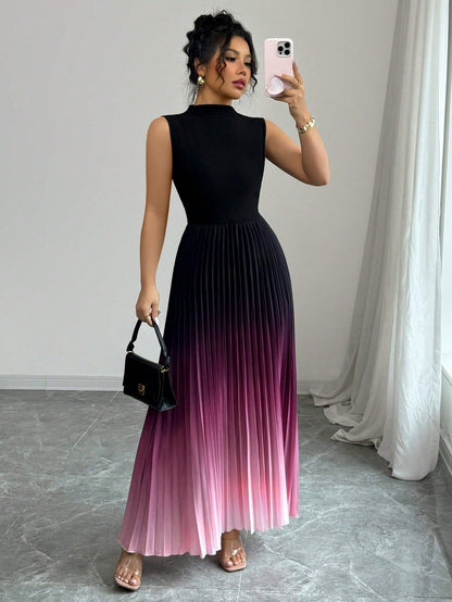 Ombre Pleated Sleeveless Mock Neck Maxi Dress❤️